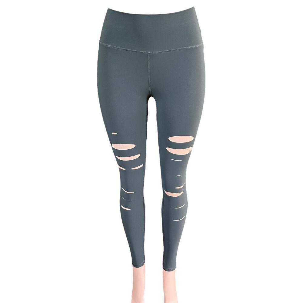 Alo Yoga Grey Ripped Warrior Legging High Rise High Waisted Full Length Size XXS